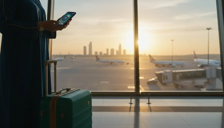 Traveller comparing travel card benefits at a UAE airport